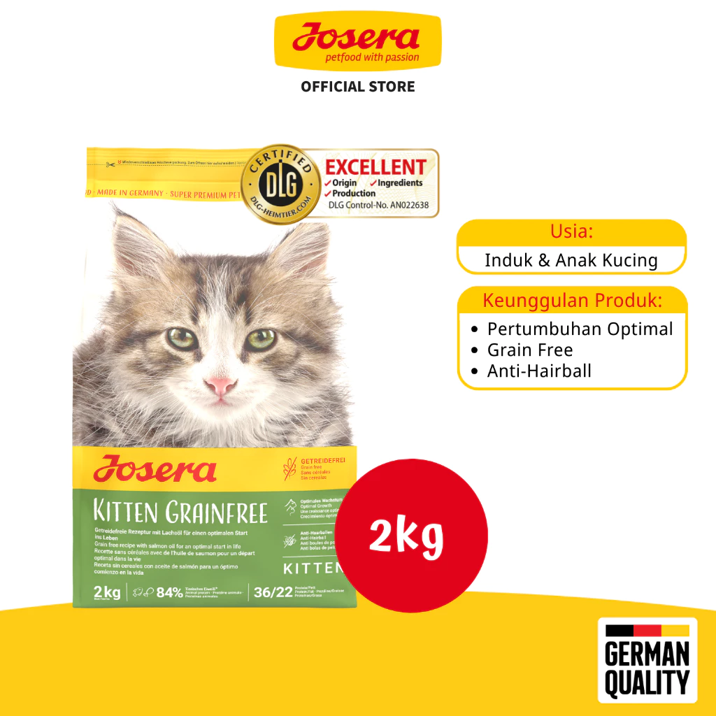 Sejak lahir, anak kucing membutuhkan perawatan khusus, begitu juga dengan induknya. Terutama pada bulan-bulan awal, sangat penting untuk memberikan nutrisi yang dibutuhkan. JOSERA Kitten Grain-Free memenuhi kebutuhan khusus tersebut dengan resep tinggi energi, mudah dicerna, dan menggunakan daging unggas yang lezat.